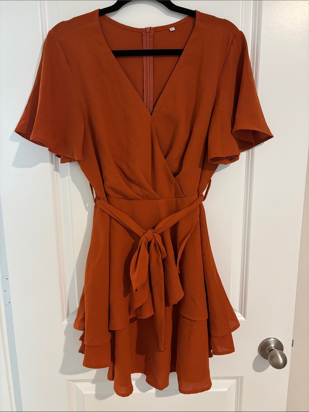 Rust Ruffle Mini Dress with Tie Waist